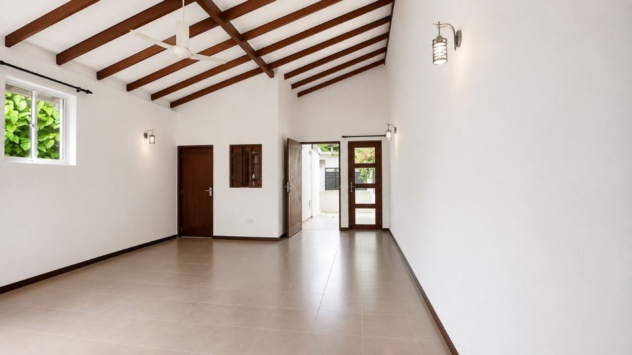 Bright minimalist room with vaulted beams – Three Houses on One Lot for Sale in Rajagiriya