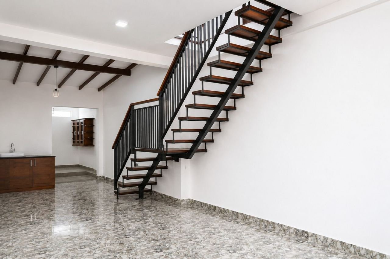 Modern minimalist entryway with floating staircase – Modern Two-Storey House for Sale in Kesbewa