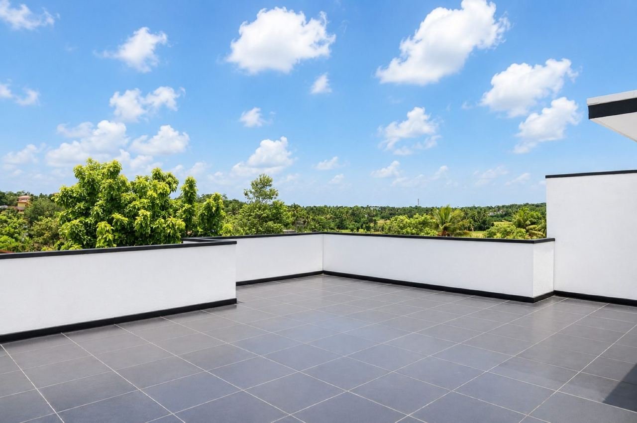 Modern rooftop terrace overlooking greenery – Modern Two-Storey House for Sale in Kesbewa
