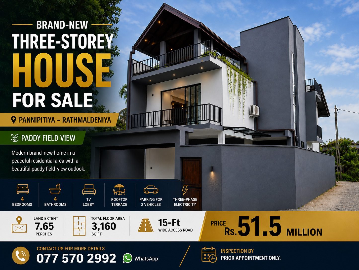Brand new three storey house for sale in Pannipitiya Rathmaldeniya