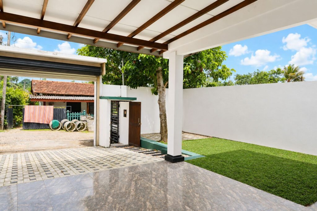 Tropical courtyard entrance with modern architecture and contemporary design